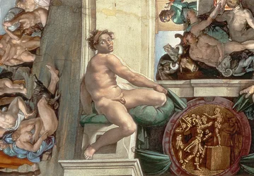 Techo de la Capilla Sixtina (1508-12) detalle de uno de los ignudi (detalle)